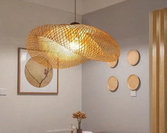 Bamboo Pendant Light Handwoven Woven Wave Chandelier 60cm Boho Rattan Ceiling Lamp Dining Room Japandi Home Decor