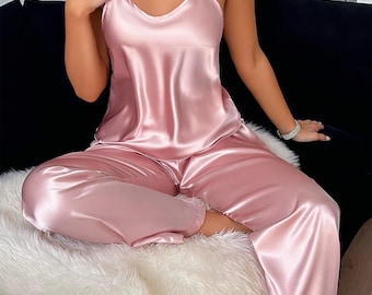 Conjunto de pijama de satén de seda para mujer, conjunto de ropa de dormir rosa, conjunto de descanso suave, pijama de novia, regalo, ropa de dormir cómoda, conjunto de dos piezas