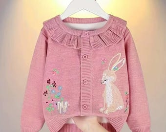 Geborduurd gebreid vest met konijntjes en kraag met ruches voor meisjes – met fleece gevoerde trui