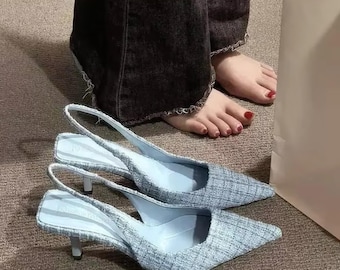 Knitted Slingback Heels: Pointed Toe Low Heel Pumps for Women – Elegant Office Party Footwear
