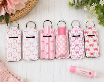 Pink Bow Lip Balm Holder Keychain, Neoprene Chapstick Key Ring, Purse Accessory