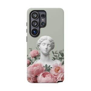Greek Statue Phone Case, Goddess Bust and Pink Peonies, Tough Case
