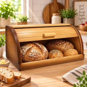 Könnte beinhalten: Ein Brotkasten aus Holz mit Rolldeckel und Griff, der einen großen runden Sauerteiglaib, ein strukturiertes Brot und zwei kleinere runde Brötchen enthält. Der Brotkasten hat eine helle Holzoberfläche am Deckel und dunklere Holzseiten.
