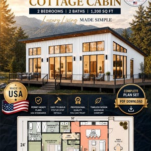 May include: A 24'x50' cottage cabin construction plan set featuring a 1,200 sq ft floor layout with 2 bedrooms and 2 baths. The design includes a white exterior with large windows, a deck, and a detailed architectural floor plan diagram.