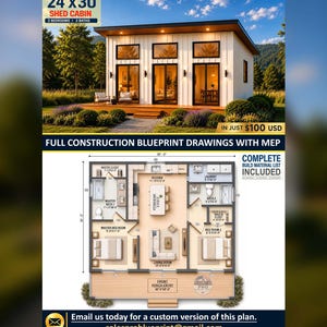 May include: A 24'x30' shed cabin architectural plan featuring a white exterior with large windows and a deck. The blueprint displays a two-bedroom, two-bath layout with a central living room, kitchen, and porch entry, including full construction drawings.