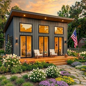 May include: Architectural drawings for a 24' x 30' lean house. The image shows a dark grey, single-storey structure with a flat roof, three glass sliding doors, and large windows. A wooden deck features two chairs, and an American flag is mounted.