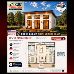 May include: A 24' x 30' cottage cabin architectural plan featuring a modern white exterior with large windows, a wooden deck, and a detailed floor plan layout for a 720 square foot home with two bedrooms and two bathrooms, including a material list.