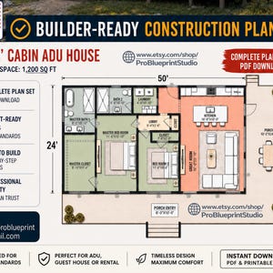 May include: A detailed floor plan for a 7.3m x 15.2m cabin ADU house, with a total living space of 111.5 sq m. The plan includes rooms, measurements, and the text "Builder-Ready Construction Plans". The design is for USA standards.
