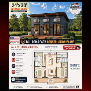 May include: A 24'x30' cottage cabin architectural plan featuring a dark exterior with large windows and a wooden deck. The document includes a detailed floor plan for a 720 sq ft house with two bedrooms, two baths, and a kitchen island layout.