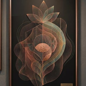 May include: Abstract copper artwork in a dark wooden frame. The piece features a floral design with layered lines and circles, with a textured copper center. The artwork is set against a black background, with a small plaque at the bottom.