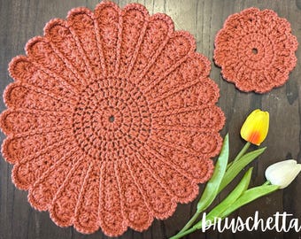 Boho Crochet Placemat + Coaster Set | Handmade 100% Cotton | Microwave Safe | Round Floral Table Decor | Farmhouse and Bohemian Style