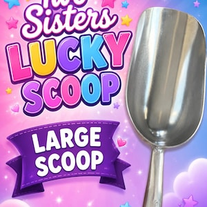 May include: A silver metal scoop with a smooth finish and a handle featuring the text 38oz. The image includes the text Two Sisters LUCKY SCOOP and LARGE SCOOP in colorful, stylized lettering against a bright pink and blue background.