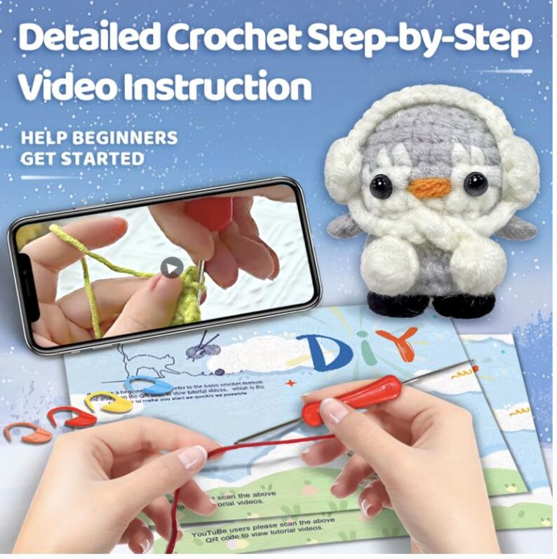 May include: A DIY crochet kit with a plush penguin, crochet hook, and instructional materials. The image includes a smartphone displaying a crochet video tutorial. Text reads: "Detailed Crochet Step-by-Step Video Instruction. Help Beginners Get Started."