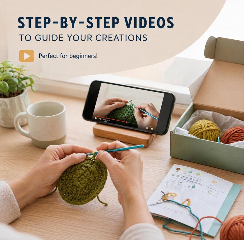 May include: A person crocheting with green yarn, following a video tutorial on a smartphone. The phone rests on a wooden stand. The image includes text: "STEP-BY-STEP VIDEOS TO GUIDE YOUR CREATIONS". A box with yarn balls and a mug are also visible.