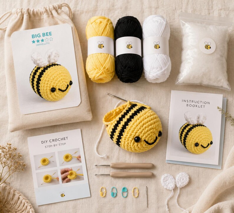 Peut inclure: Un kit de crochet DIY pour une abeille, comprenant des pelotes de laine jaunes, noires et blanches, un crochet et un livret d'instructions. Le kit comprend un petit sac, une abeille crochet&eacute;e et d'autres accessoires.