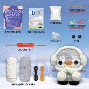 May include: A DIY crochet kit with a penguin theme. The kit includes a packing bag, instructions, fiberfill, colloid, eyes, high-quality yarn, a crochet kit, yarn needle, and stitch holder. The finished penguin is gray, white, and orange.