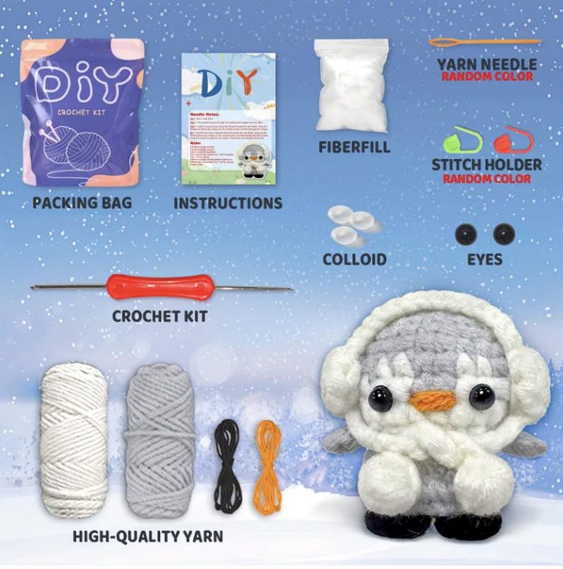 May include: A DIY crochet kit with a penguin theme. The kit includes a packing bag, instructions, fiberfill, colloid, eyes, high-quality yarn, a crochet kit, yarn needle, and stitch holder. The finished penguin is gray, white, and orange.
