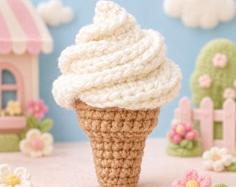 Crocheted Ice Cream Cone Toy, Amigurumi Soft Serve Dessert Plush - DIY Kit