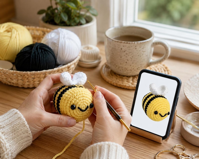 Peut inclure: Un crochet en forme d'abeille jaune et noire avec des ailes blanches est en cours de r&eacute;alisation avec un crochet. Un smartphone affiche un motif d'abeille similaire. Des pelotes de laine jaunes, noires et blanches sont dans un panier.