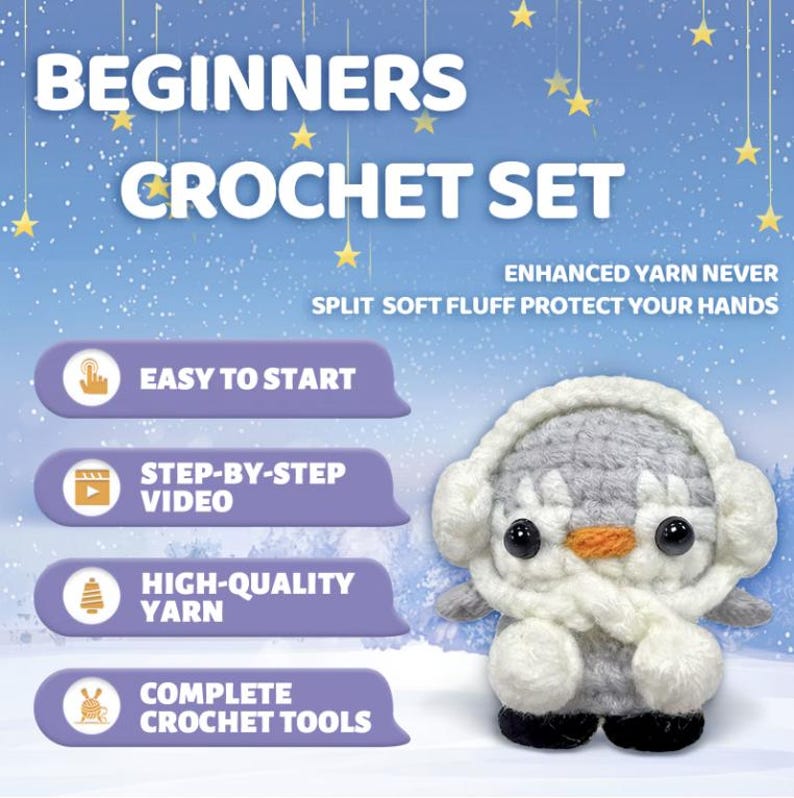 May include: A crochet set for beginners, featuring a cute penguin amigurumi. The image includes text that reads "BEGINNERS CROCHET SET", "EASY TO START", "STEP-BY-STEP VIDEO", "HIGH-QUALITY YARN", and "COMPLETE CROCHET TOOLS". The set promises enhanced yarn that never splits.