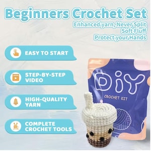 May include: A crochet kit for beginners, featuring a DIY project. The kit includes a crochet boba tea cup, yarn, and tools. Text on the packaging reads "DIY Crochet Kit". Additional text includes "Easy to Start", "Step-by-Step Video", "High-Quality Yarn", and "Complete Crochet Tools".