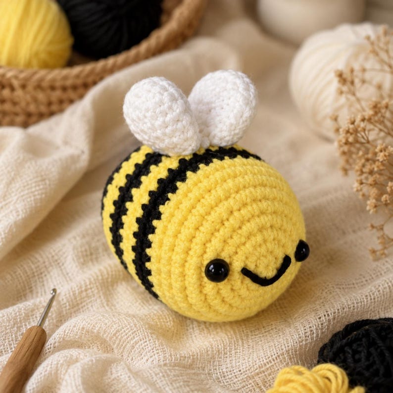 Peut inclure: Un jouet d'abeille au crochet, avec des rayures jaunes et noires, des ailes blanches et un visage souriant. L'abeille est faite de fil et a des yeux en perles noires. L'arri&egrave;re-plan comprend du fil, un crochet et un panier.