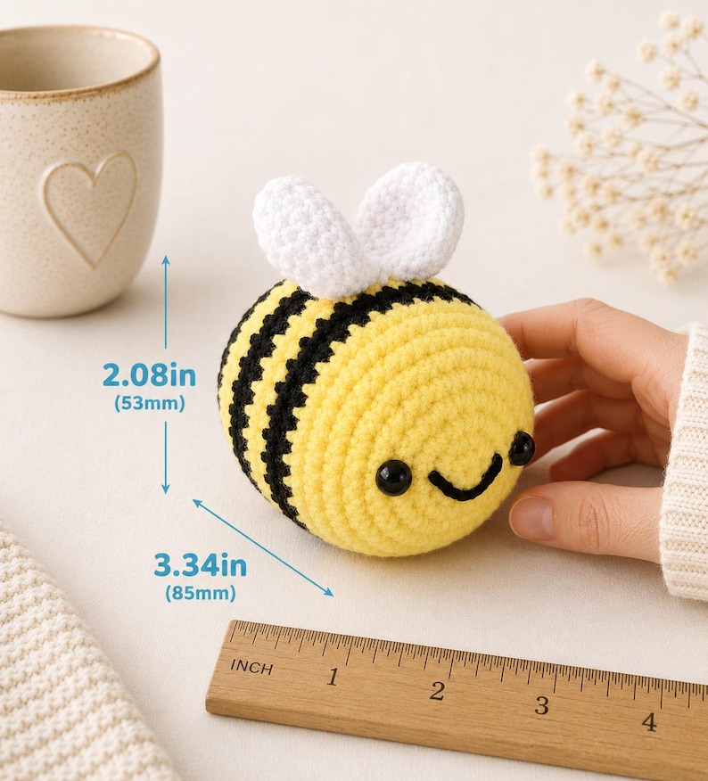 Peut inclure: Une abeille faite &agrave; la main, crochet&eacute;e, avec des rayures jaunes et noires, des ailes blanches et un visage souriant. L'abeille mesure 8,5 cm de long et 5,3 cm de haut. Une r&egrave;gle en bois est au premier plan.