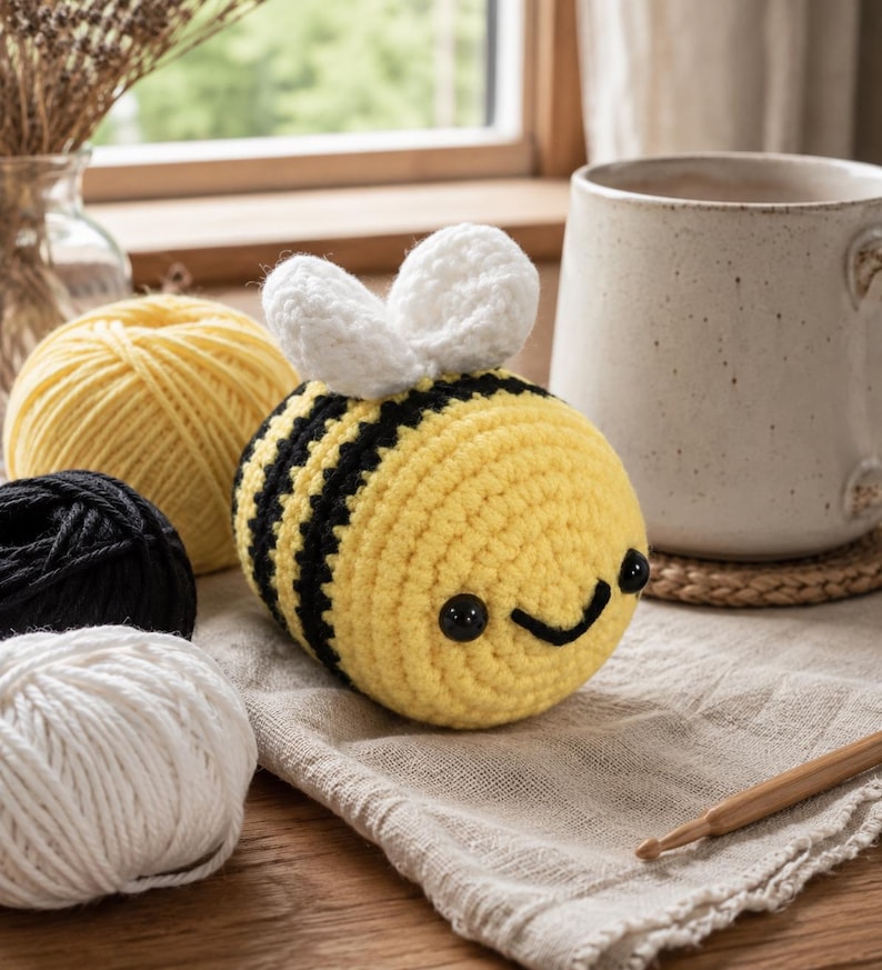 Peut inclure: Un adorable abeille crochet&eacute;e, avec des rayures jaunes et noires, des ailes blanches et un visage souriant. L'abeille est pos&eacute;e sur un tissu en lin, avec des pelotes de laine jaune, noire et blanche. Une tasse et un crochet sont &eacute;galement visibles.