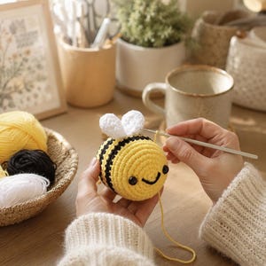 Peut inclure: Un crochet en forme d'abeille avec des rayures jaunes et noires, des ailes blanches et un visage souriant. Un crochet est ins&eacute;r&eacute; dans l'abeille. Un panier de fil jaune, noir et blanc est en arri&egrave;re-plan.
