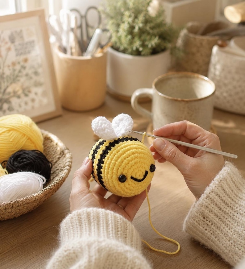 Peut inclure: Un crochet en forme d'abeille avec des rayures jaunes et noires, des ailes blanches et un visage souriant. Un crochet est ins&eacute;r&eacute; dans l'abeille. Un panier de fil jaune, noir et blanc est en arri&egrave;re-plan.