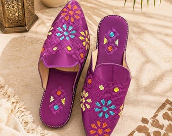 Pantoufles marocaines authentiques en cuir violet, faites à la main - Taille 5 UK