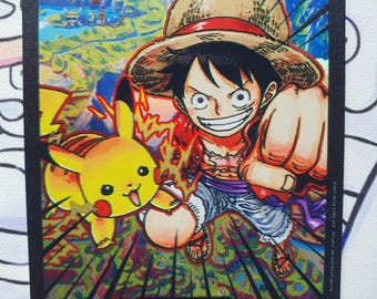 Tarjeta holográfica de fan art de Luffy y Pikachu / Regalo de exhibición del anime Pokémon One Piece
