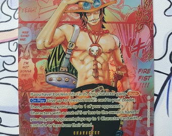 Puede incluir: Una tarjeta coleccionable con el personaje Portgas D. Ace de los Whitebeard Pirates. La tarjeta tiene un esquema de color rojo y dorado con una ilustración de Ace en una pose dinámica. La tarjeta incluye texto y una descripción del personaje.