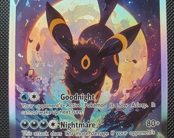 Puede incluir: Una carta coleccionable holográfica Umbreon VMAX que muestra una criatura oscura de cuatro patas con anillos amarillos frente a una luna grande y brillante. La carta muestra el texto Goodnight y Nightmare, estadísticas de juego, 200 HP y un símbolo de energía.