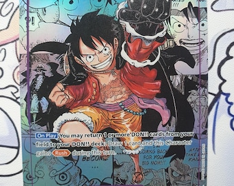 May include: A holographic trading card featuring Monkey D. Luffy from the Straw Hat Crew. The card has a vibrant illustration of Luffy in action, with a black glove and a red coat. The card includes text and a 10000 strike value.