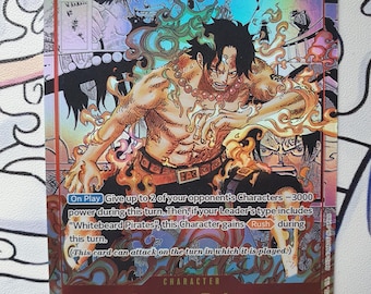 May include: A holographic trading card featuring the character Portgas D. Ace from the "One Piece" series. The card has a vibrant design with a central illustration of Ace surrounded by flames, with text that includes "7000" and "Whitebeard Pirates".