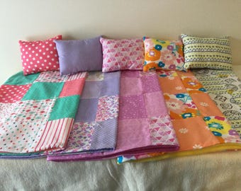 Doll blanket and pillow set, made to fit over dolls up to 18 inches tall. Five different patchwork choices