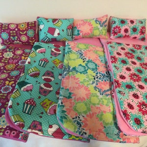 Doll sleeping bag and pillow set: , made to fit up to 18 inch dolls or stuffed animals,  Four pink prints.