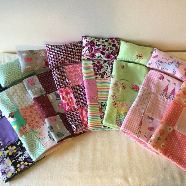 Small doll blanket and pillow set. Made to fit most small dolls, like Barbie. eight print options.