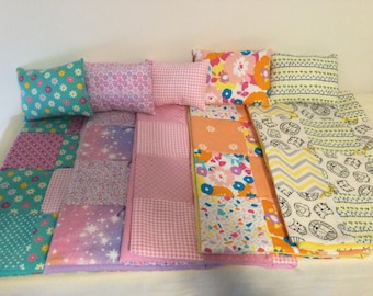 Doll blanket and pillow set, made to fit over dolls up to 18 inches tall. Five different patchwork choices