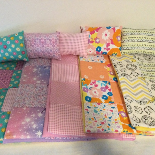 Doll blanket and pillow set, made to fit over dolls up to 18 inches tall. Five different patchwork choices