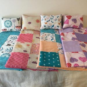 Baby doll blankets and pillows in patchwork prints Fits over dolls up to 18".  Ready to ship!