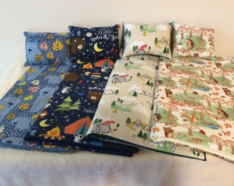 Blanket and pillow set for special friends of boys and girls.  Made to fit most  friends up to 18" tall. Choice of four prints, for camping