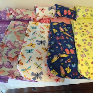 Sleeping bag and pillow sets, made to fit up to 18 inch dolls, including Five choices of butterfly prints.