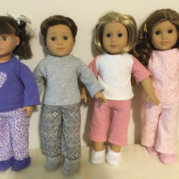 18 inch doll pajamas with four choices, including matching slippers.  Fits most 18 inch dolls, including boy doll pjs.