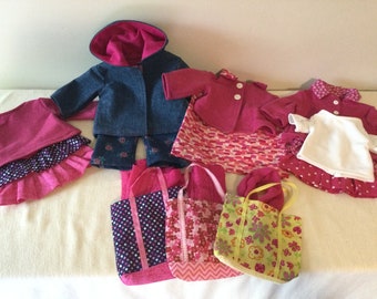 18 inch doll outfits sets, in pinks. Choose from four outfits with pink skirts, jackets, pants, or sundress with accessories available