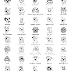 May include: Black and white line drawings of various dog breeds, including Akita, Beagle, Bulldog, and Poodle. Each dog is labeled with its breed name in a clean, sans-serif font. The image is a grid of dog illustrations.