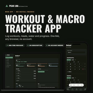 May include: A dark-themed web application interface for tracking workouts and macros, displayed on a laptop and smartphone. The screen shows dashboards for logging meals, water, and exercise sets with text including Peak Log Interactive and Workout & Macro Tracker App.