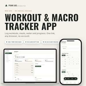 Puede incluir: Una interfaz digital para la aplicación de seguimiento de entrenamientos y macros Peak Log Interactive mostrada en una pantalla de portátil y un teléfono inteligente. El panel muestra registros de ejercicios y métricas de progreso.
