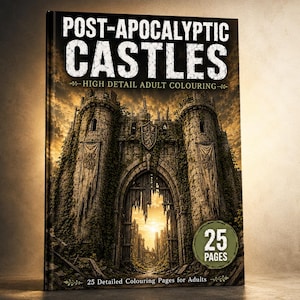 May include: A coloring book titled "Post-Apocalyptic Castles" with a detailed illustration of a ruined castle. The cover features the text "High Detail Adult Colouring" and "25 Pages". The book is designed for adults and has 25 detailed coloring pages.